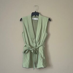 ZARA Sleeveless Blazer Vest Light Green Belted Lapel Collar Women's XS